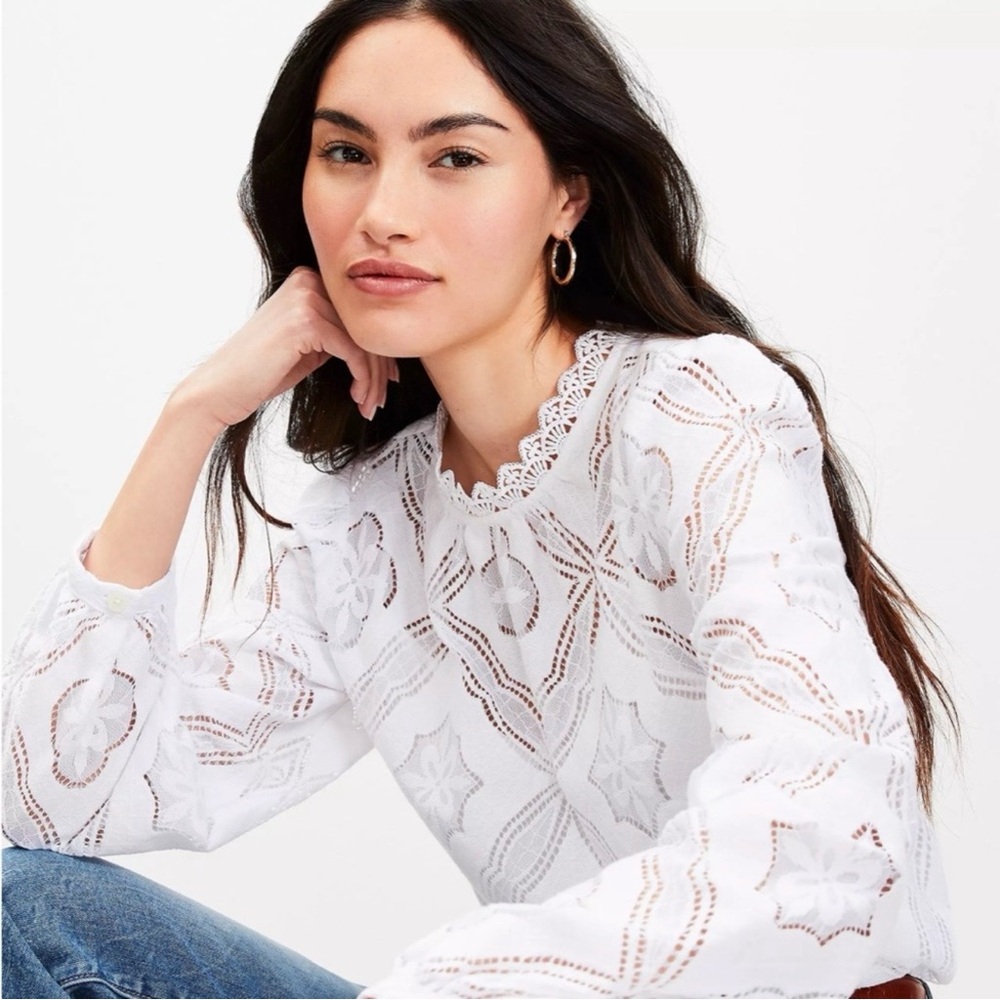 LOFT Mosaic Lace Blouse, Size M, White